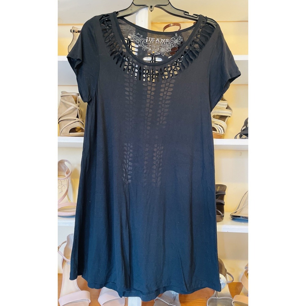 Jeans By Buffalo T Shirt Dress Large Goth Distressed Black Biker Ripped Cutout - Picture 3 of 8